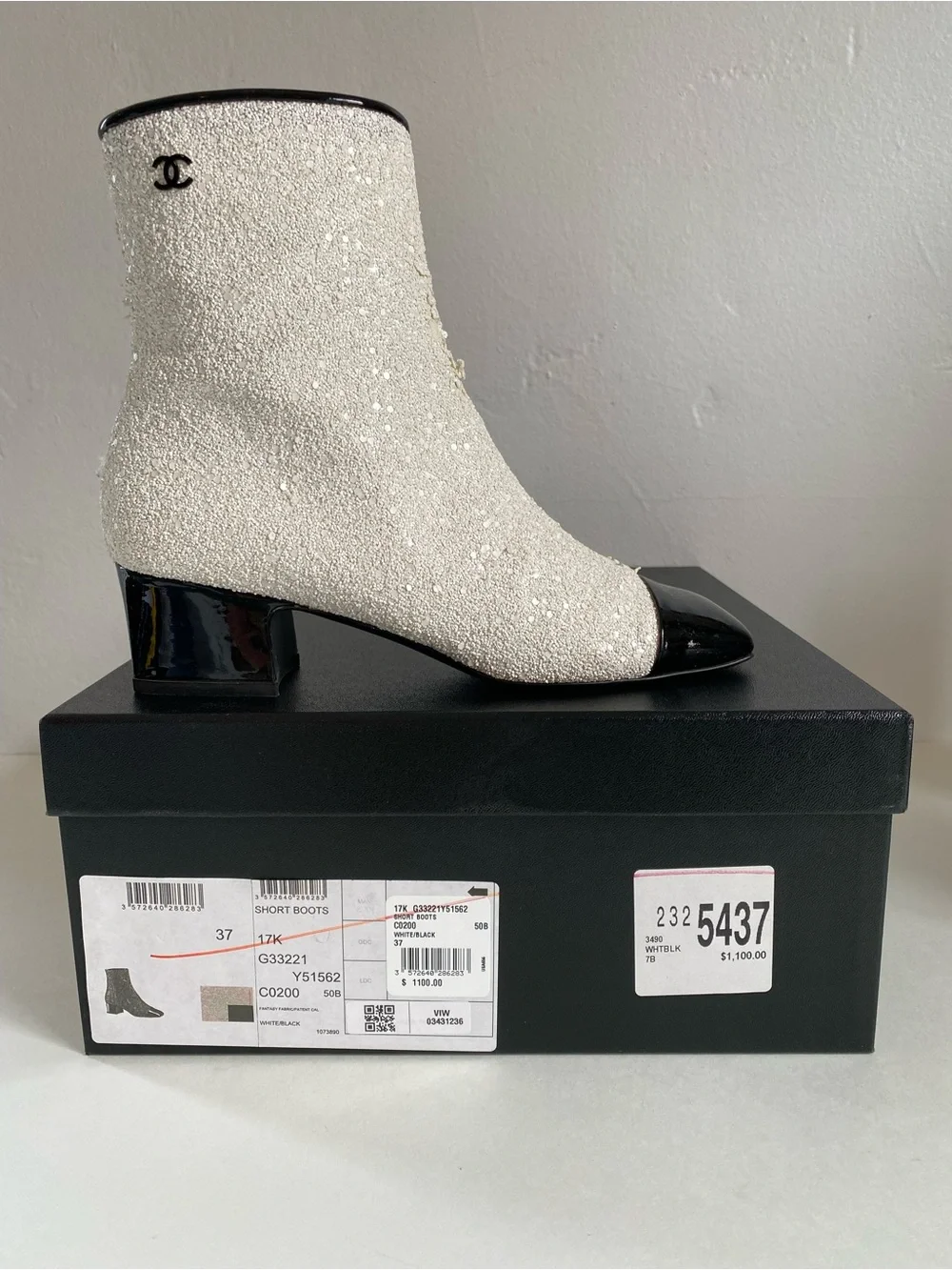 CHANEL White Sequin Ankle Boots with Black Cap Toe. Runway astronaut collection.